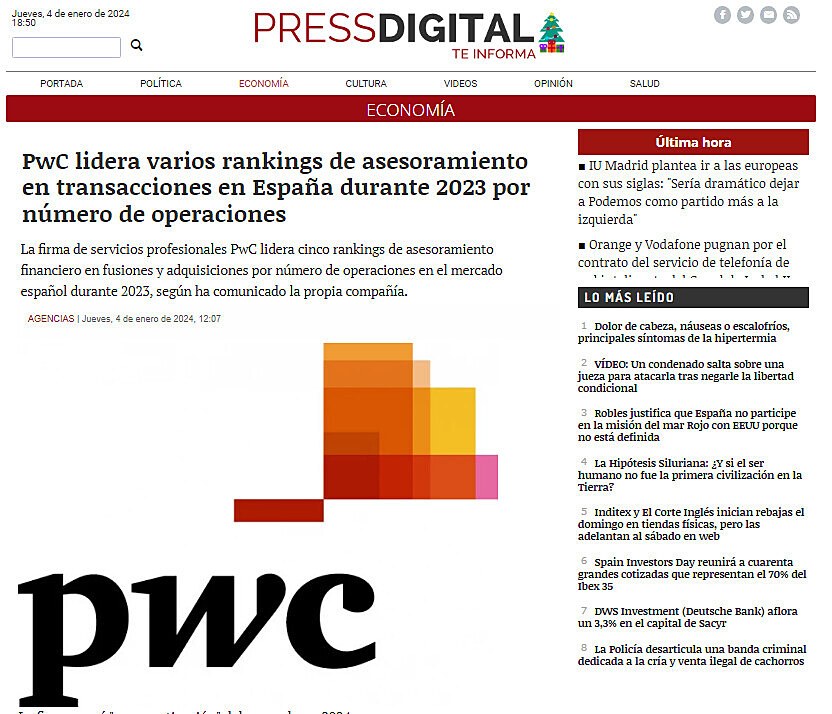 PwC lidera varios rankings de asesoramiento en transacciones en Espaa durante 2023 por nmero de operaciones